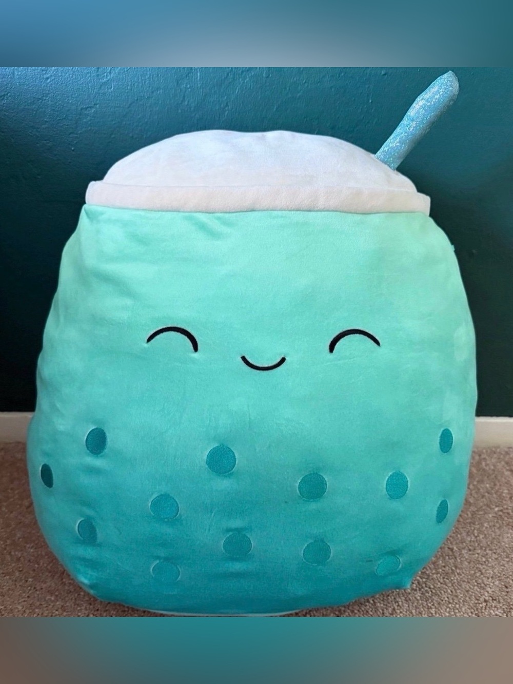 16” Squishmallows Aqua and White Bubble Tea Plush Pillow